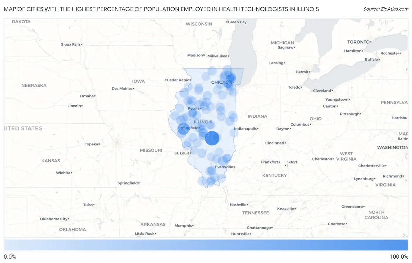 Cities with the Highest Percentage of Population Employed in Health Technologists in Illinois Map