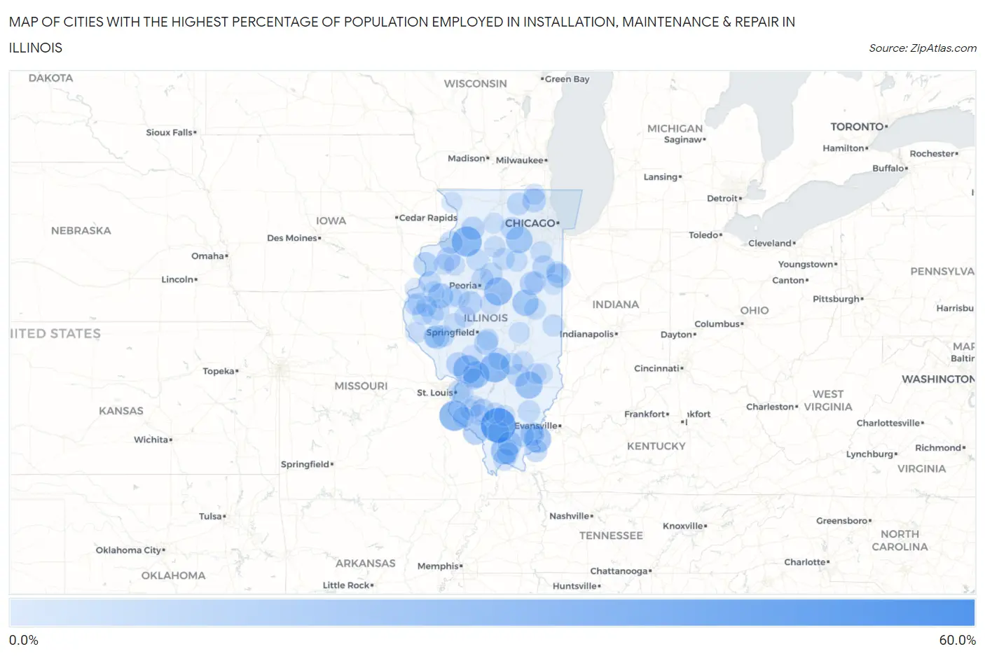 Cities with the Highest Percentage of Population Employed in Installation, Maintenance & Repair in Illinois Map