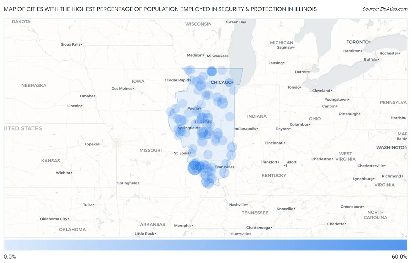 Cities with the Highest Percentage of Population Employed in Security & Protection in Illinois Map