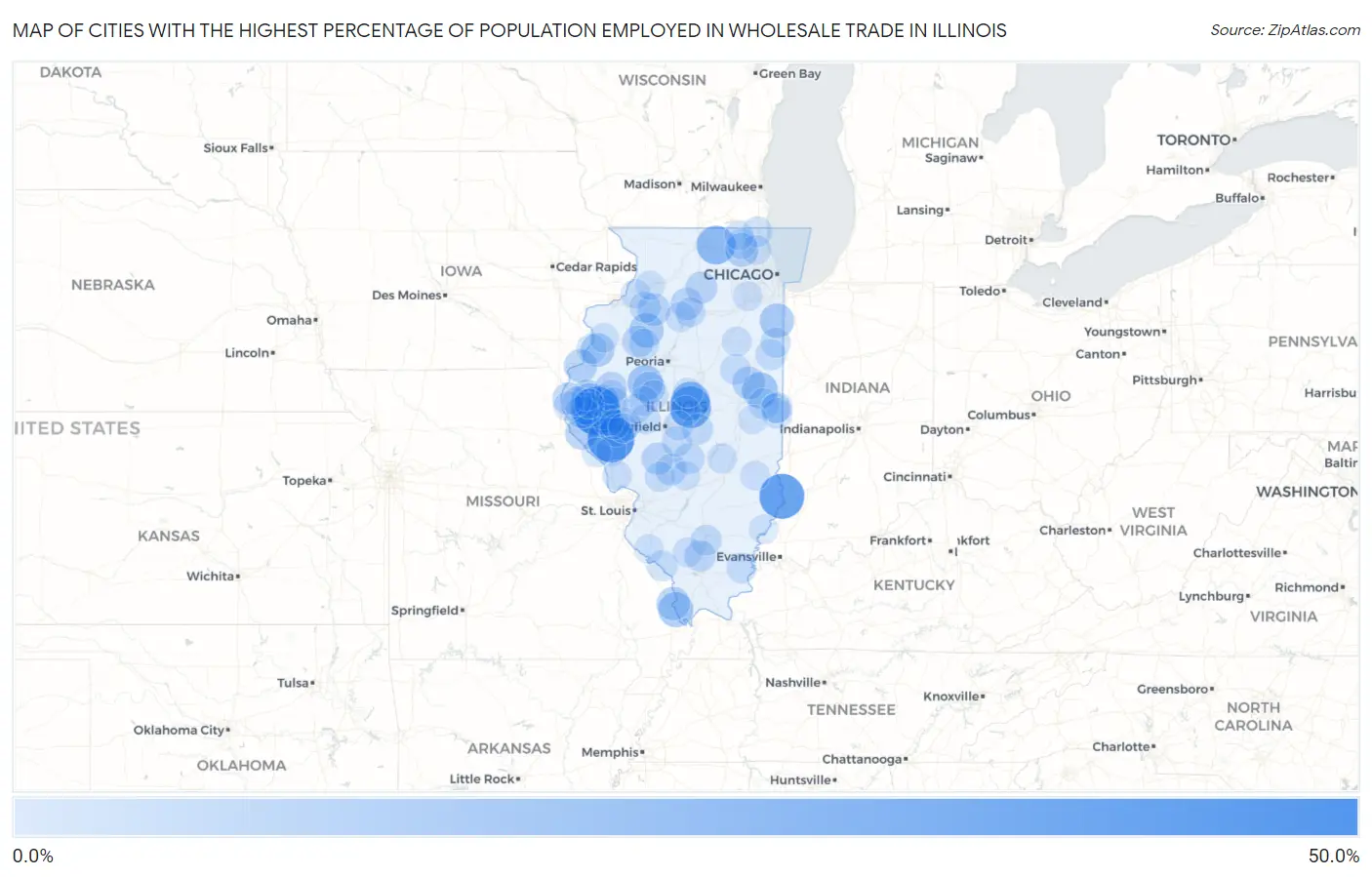 Cities with the Highest Percentage of Population Employed in Wholesale Trade in Illinois Map