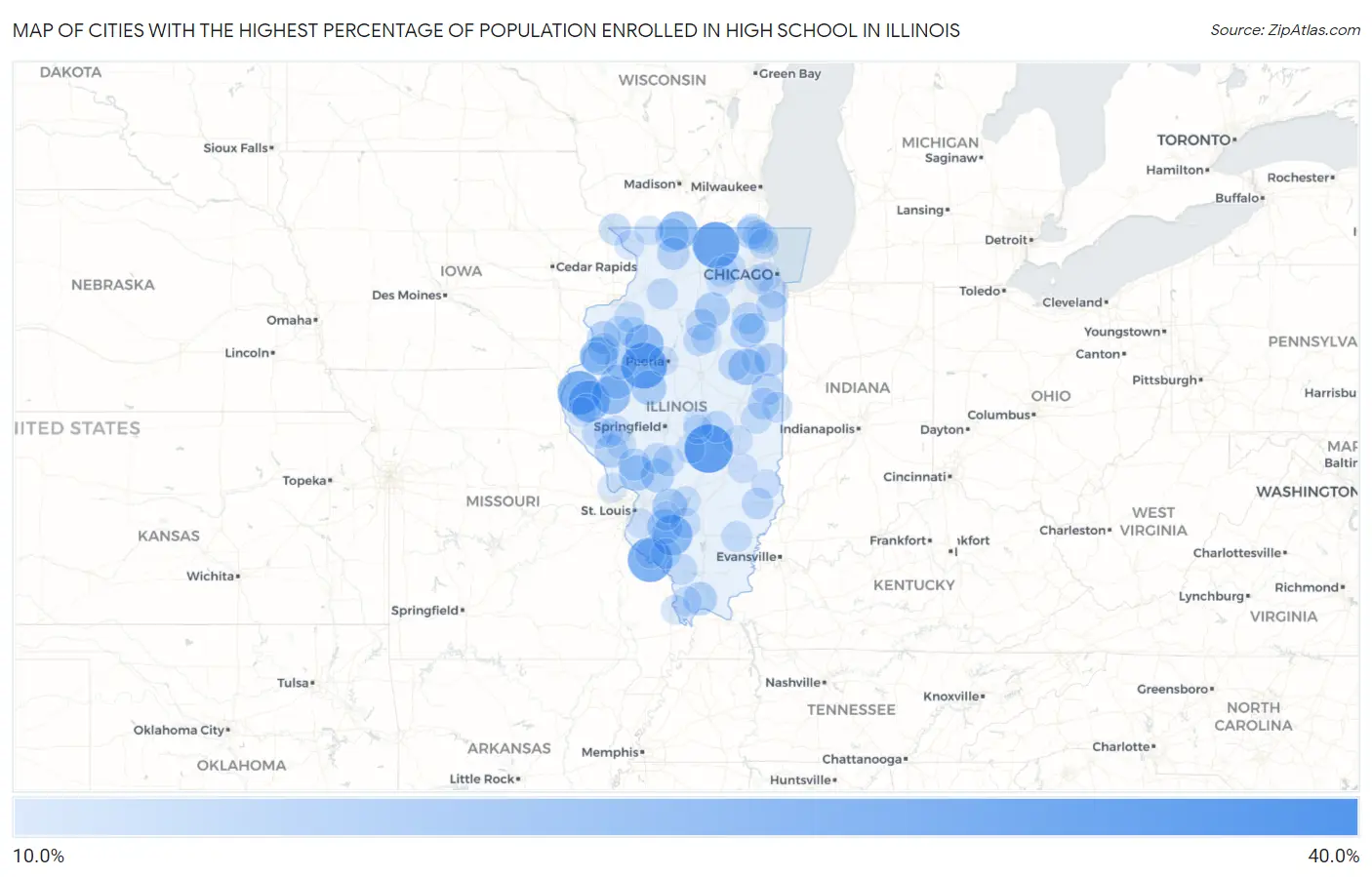 Cities with the Highest Percentage of Population Enrolled in High School in Illinois Map
