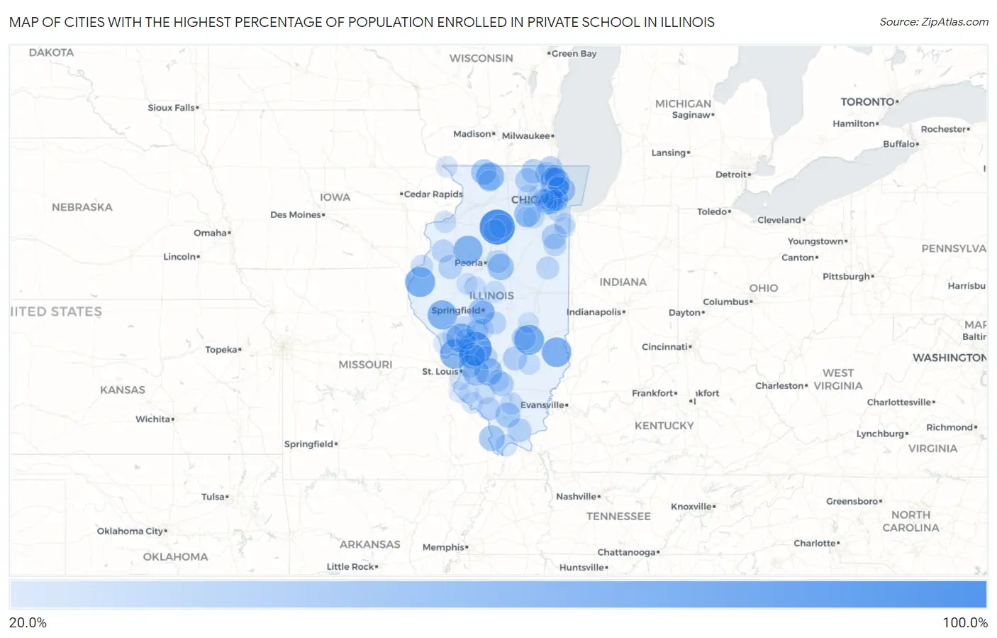 Cities with the Highest Percentage of Population Enrolled in Private School in Illinois Map