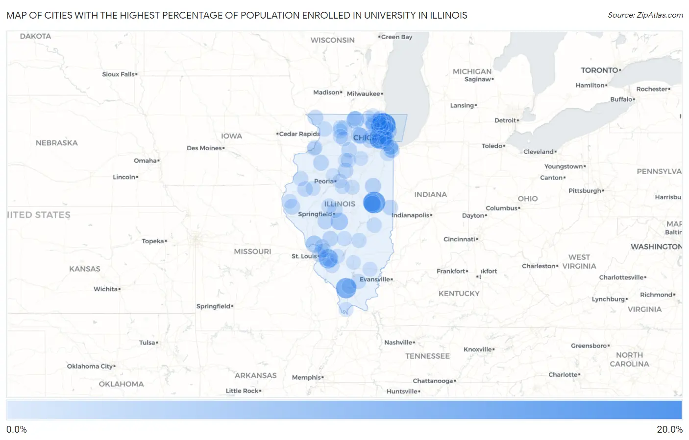 Cities with the Highest Percentage of Population Enrolled in University in Illinois Map