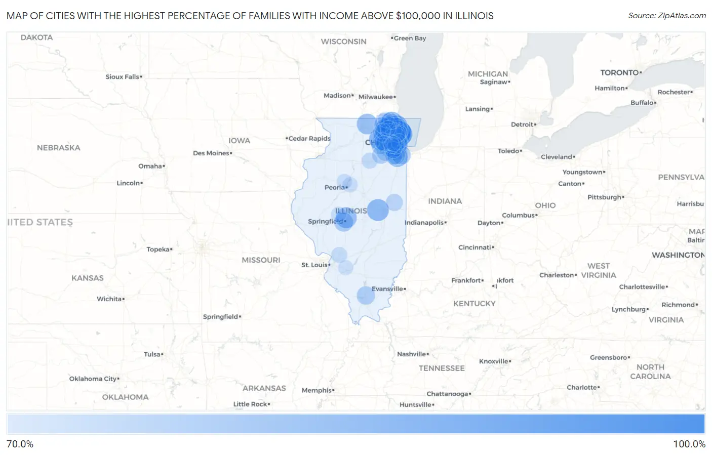 Cities with the Highest Percentage of Families with Income Above $100,000 in Illinois Map