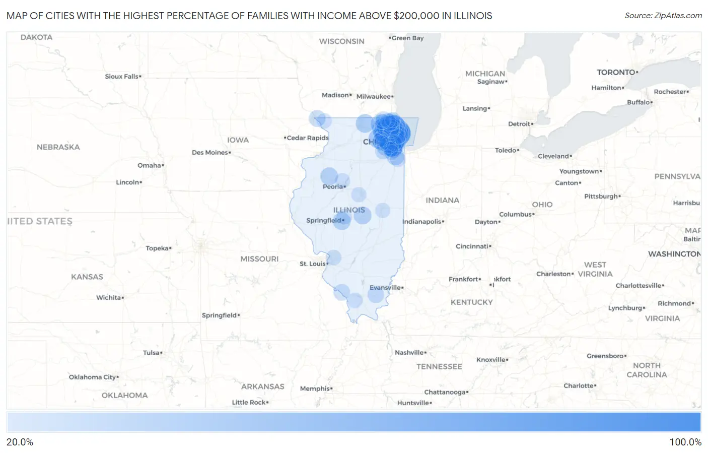 Cities with the Highest Percentage of Families with Income Above $200,000 in Illinois Map
