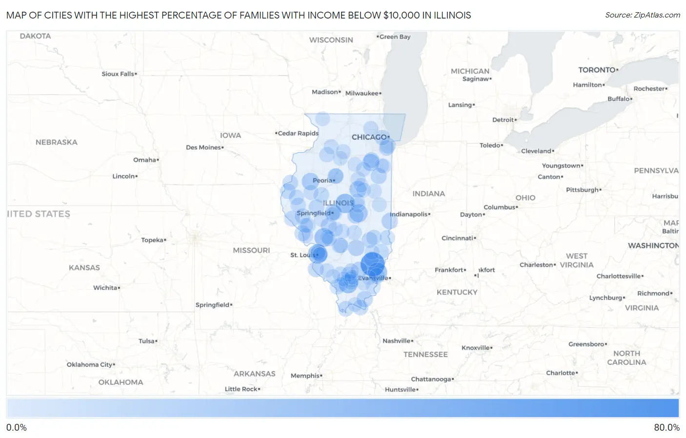 Cities with the Highest Percentage of Families with Income Below $10,000 in Illinois Map