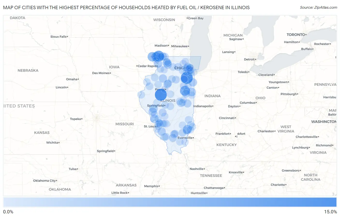 Cities with the Highest Percentage of Households Heated by Fuel Oil / Kerosene in Illinois Map