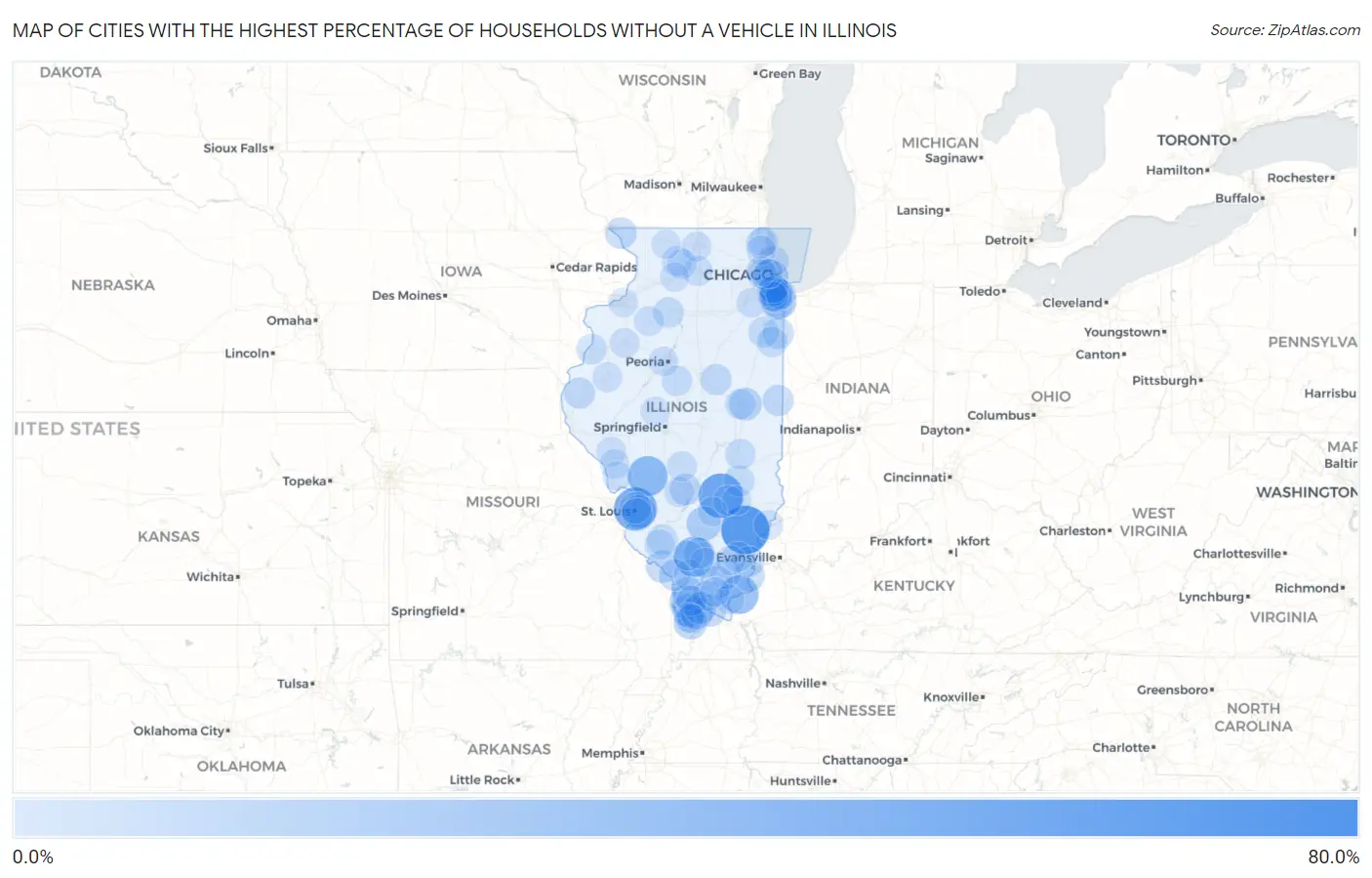 Cities with the Highest Percentage of Households Without a Vehicle in Illinois Map