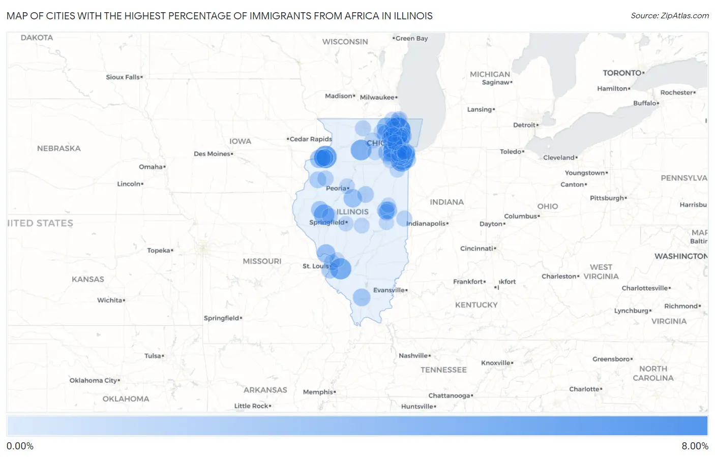 Cities with the Highest Percentage of Immigrants from Africa in Illinois Map