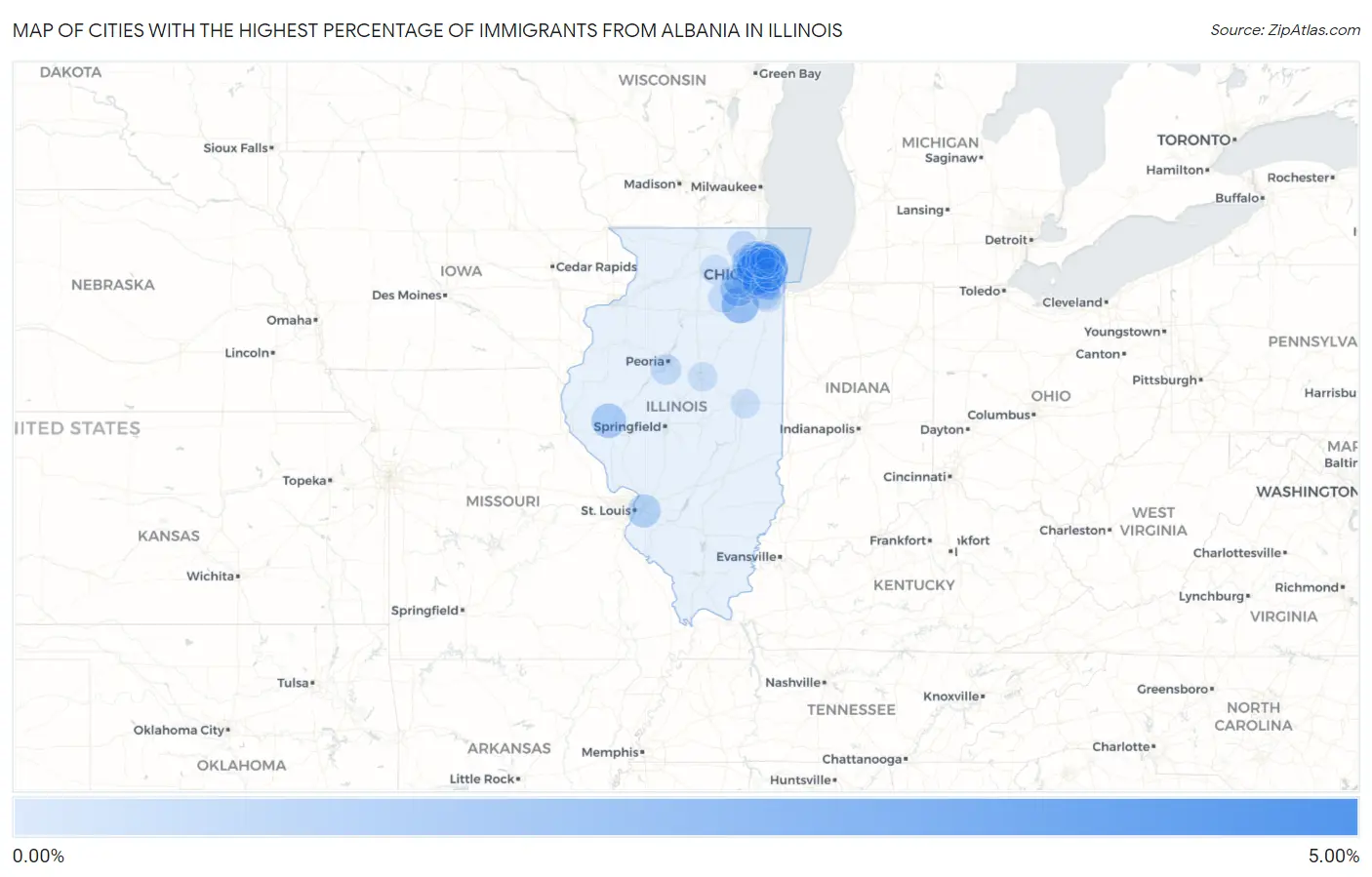 Cities with the Highest Percentage of Immigrants from Albania in Illinois Map