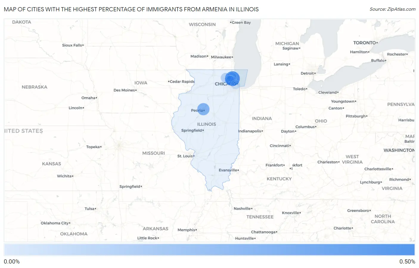 Cities with the Highest Percentage of Immigrants from Armenia in Illinois Map