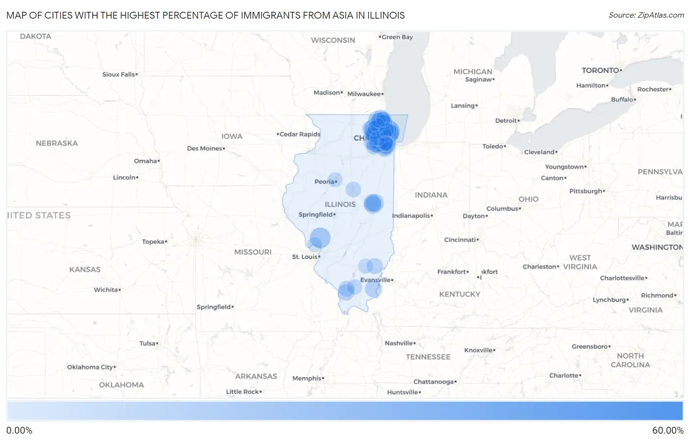 Cities with the Highest Percentage of Immigrants from Asia in Illinois Map