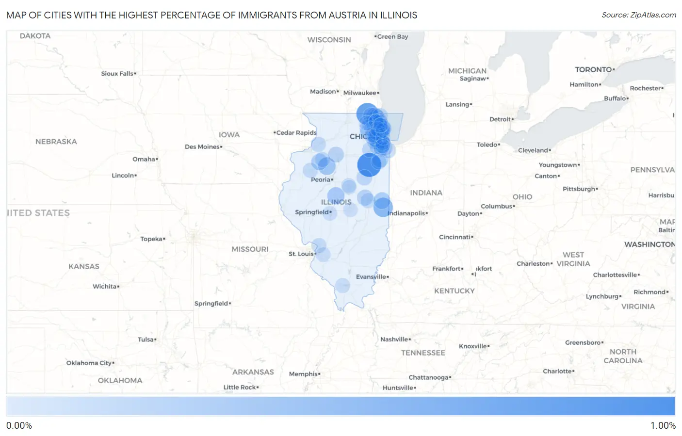 Cities with the Highest Percentage of Immigrants from Austria in Illinois Map