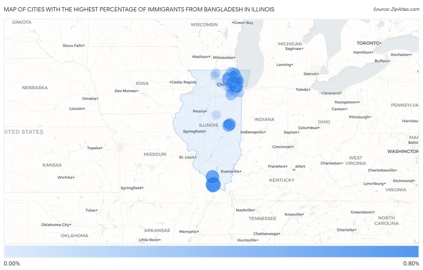 Cities with the Highest Percentage of Immigrants from Bangladesh in Illinois Map