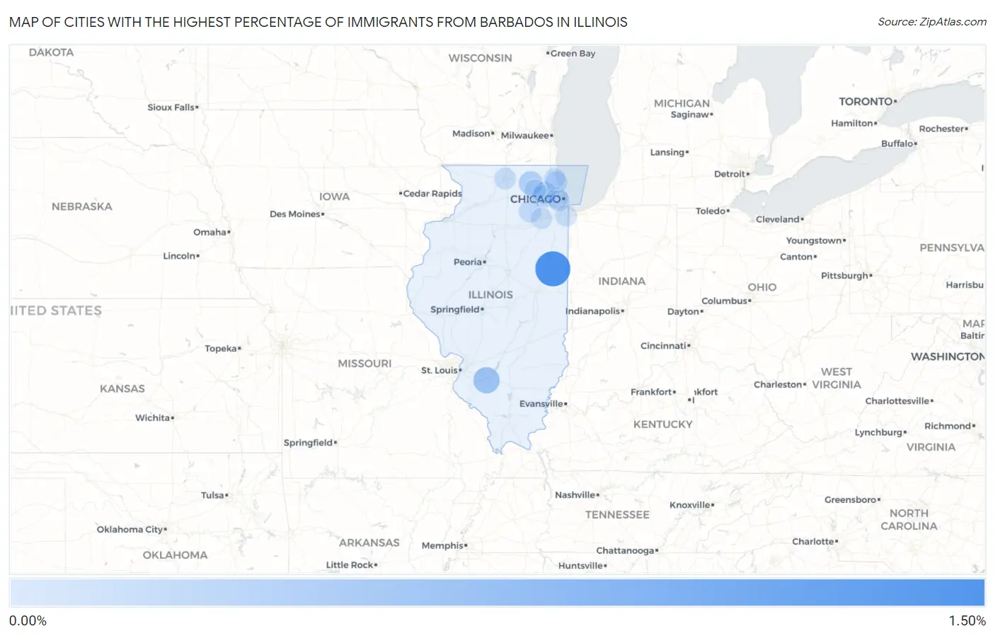 Cities with the Highest Percentage of Immigrants from Barbados in Illinois Map