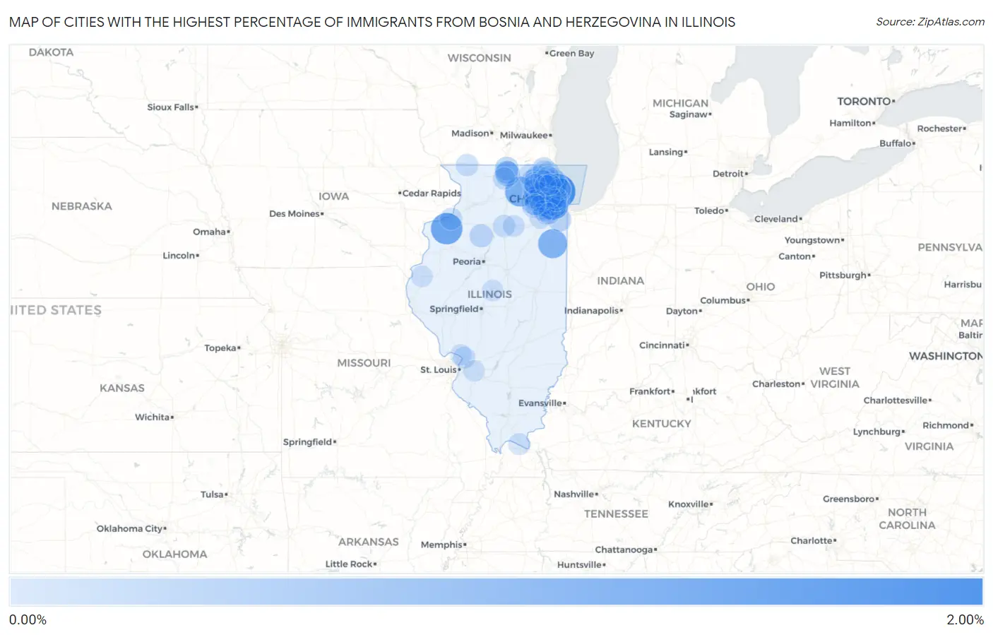 Cities with the Highest Percentage of Immigrants from Bosnia and Herzegovina in Illinois Map