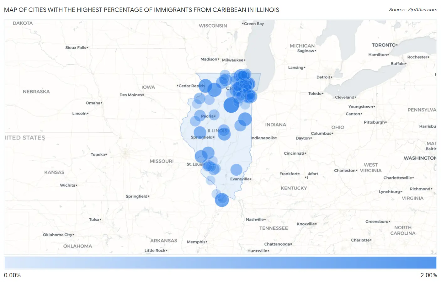 Cities with the Highest Percentage of Immigrants from Caribbean in Illinois Map