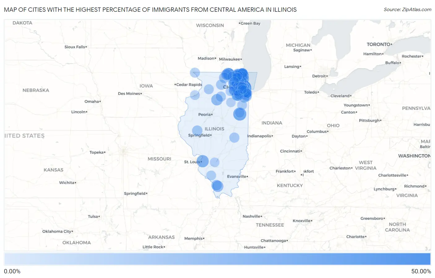 Cities with the Highest Percentage of Immigrants from Central America in Illinois Map