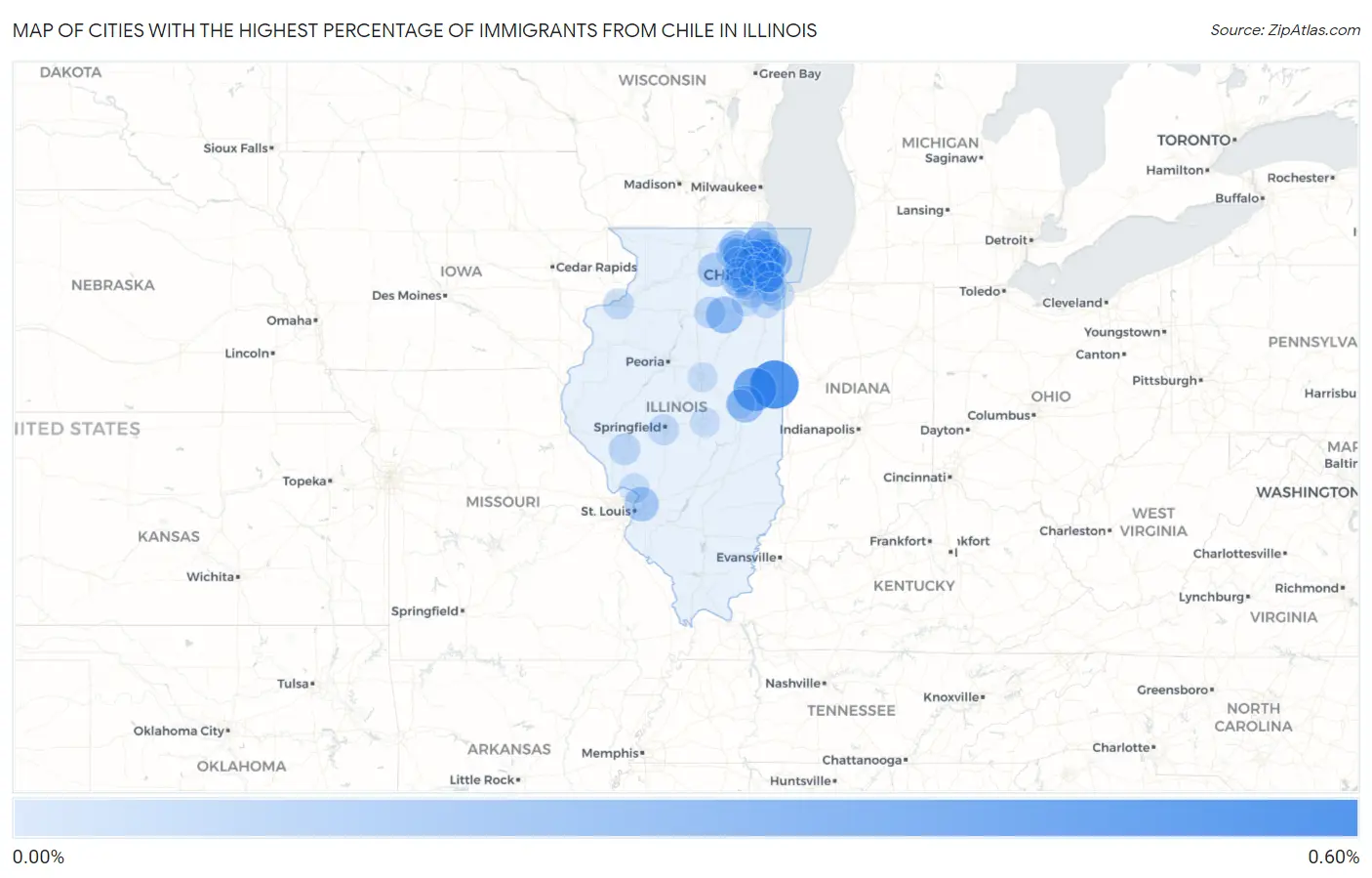Cities with the Highest Percentage of Immigrants from Chile in Illinois Map