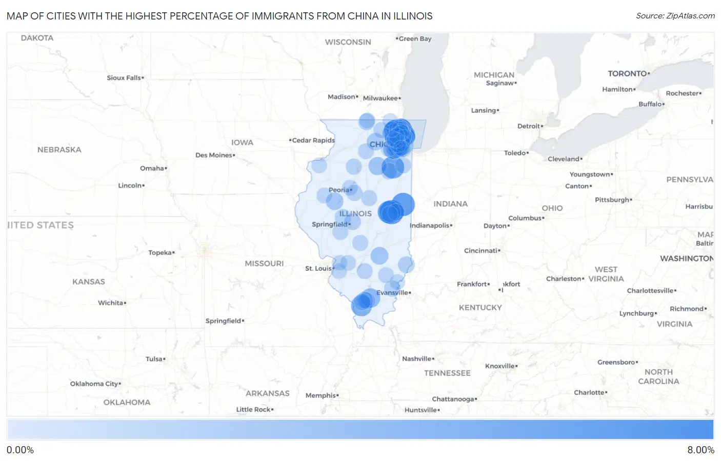 Cities with the Highest Percentage of Immigrants from China in Illinois Map