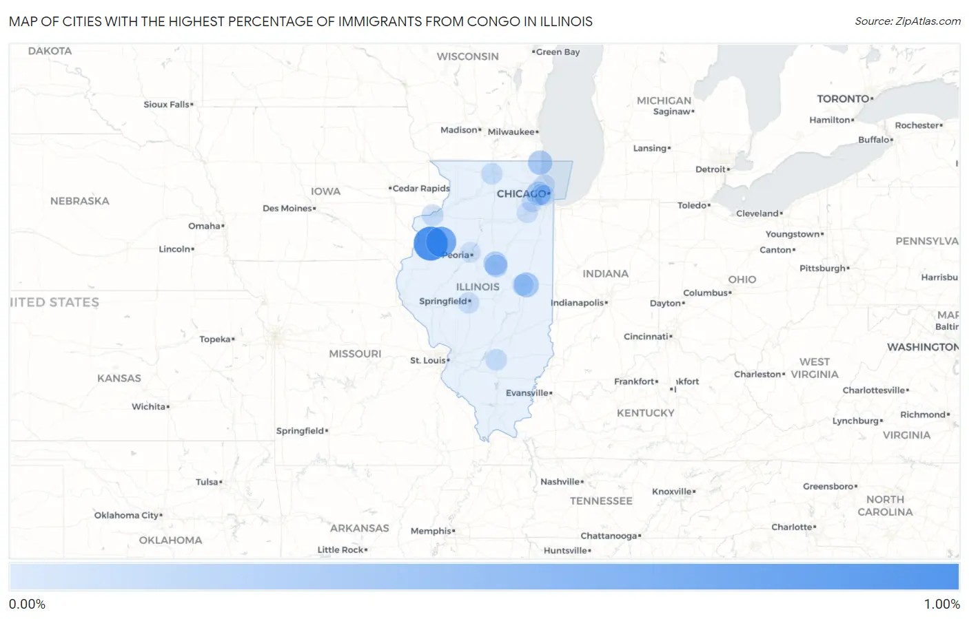 Cities with the Highest Percentage of Immigrants from Congo in Illinois Map
