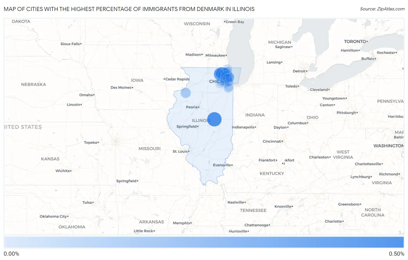 Cities with the Highest Percentage of Immigrants from Denmark in Illinois Map