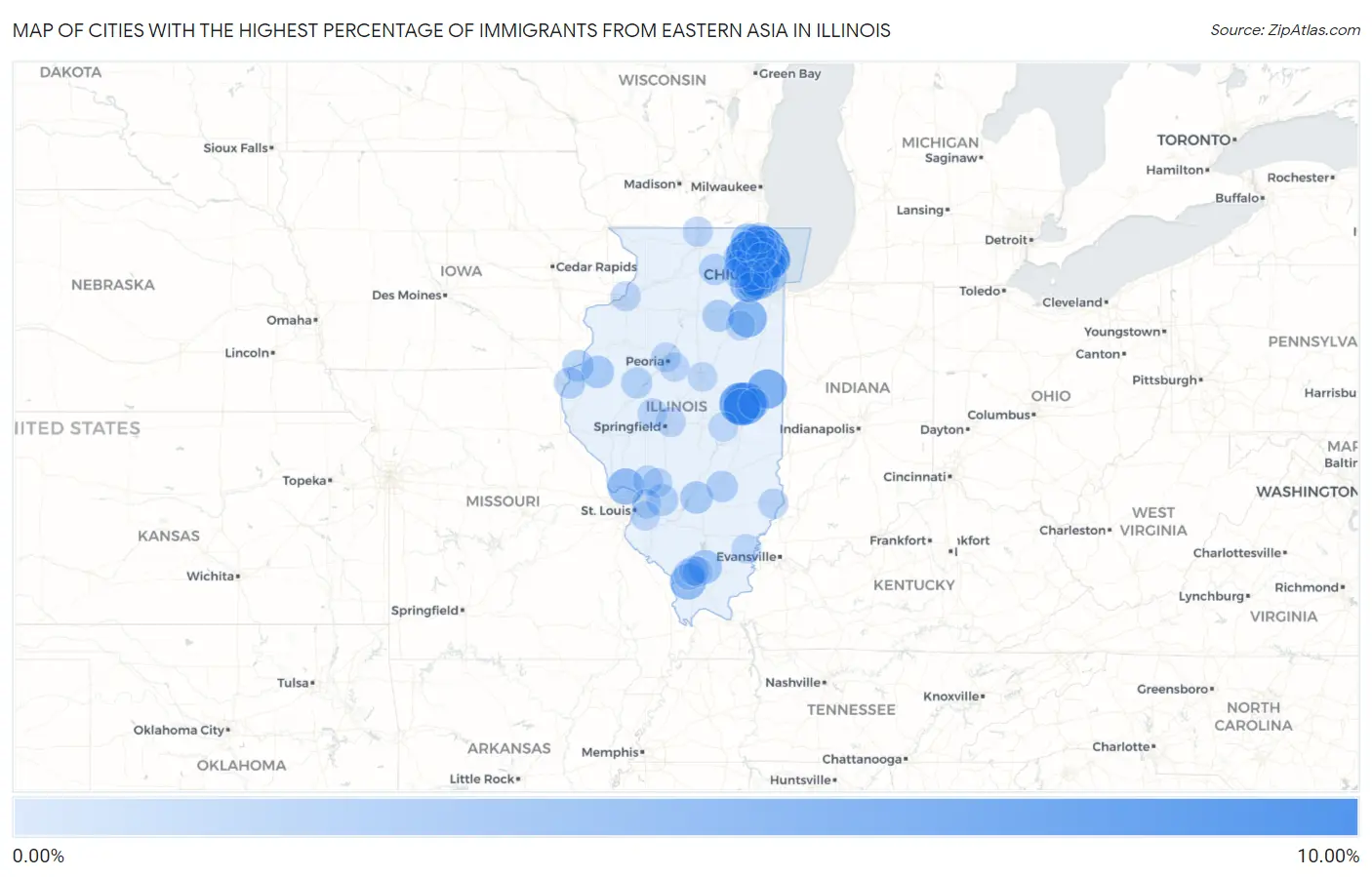 Cities with the Highest Percentage of Immigrants from Eastern Asia in Illinois Map