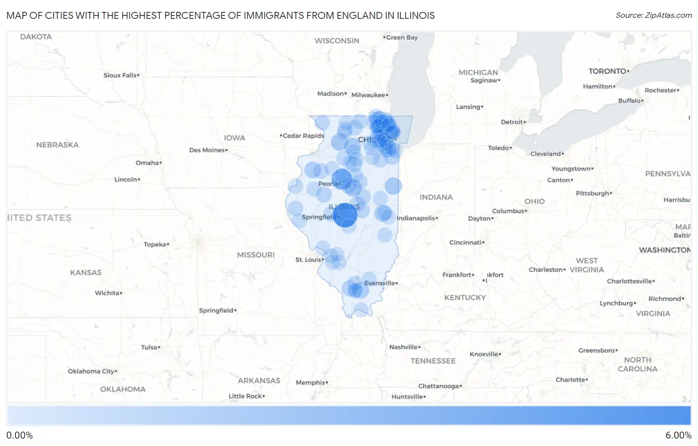 Cities with the Highest Percentage of Immigrants from England in Illinois Map