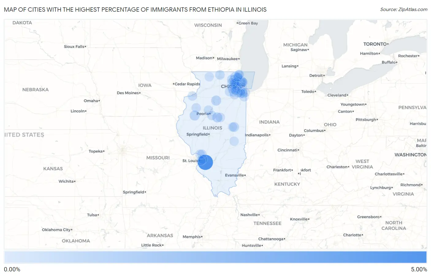 Cities with the Highest Percentage of Immigrants from Ethiopia in Illinois Map