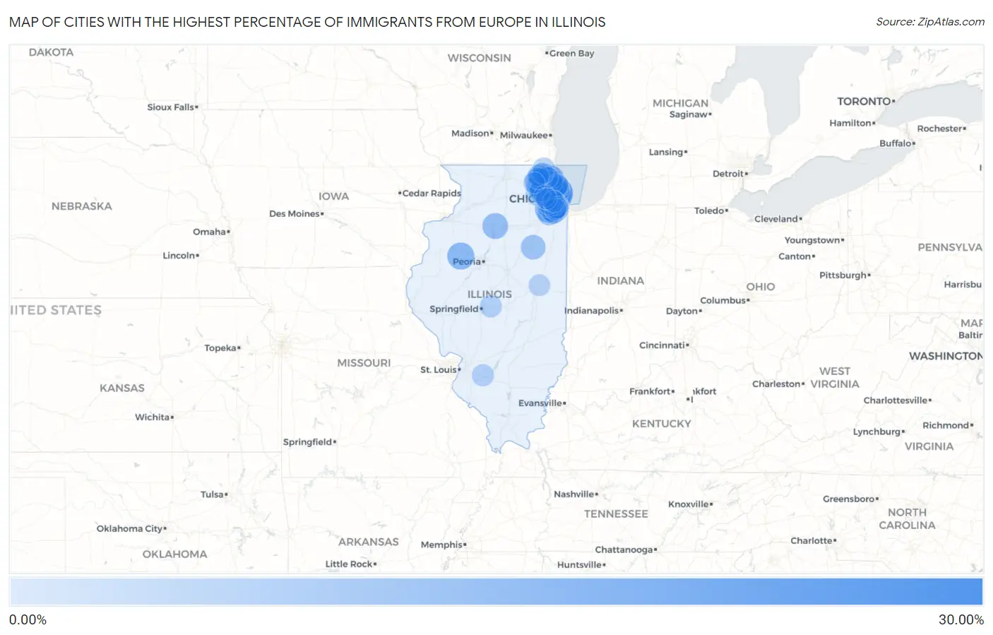 Cities with the Highest Percentage of Immigrants from Europe in Illinois Map