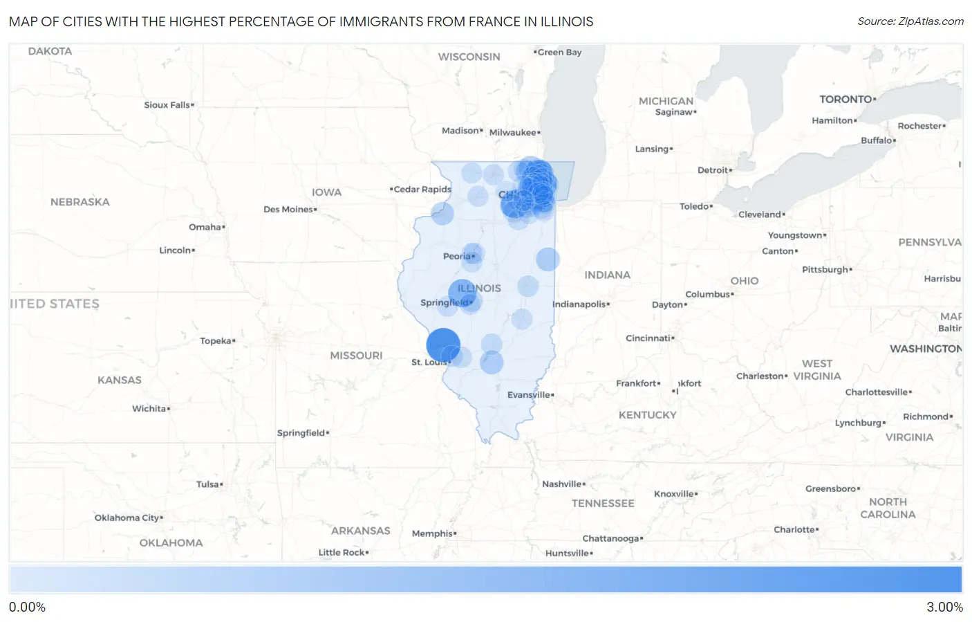 Cities with the Highest Percentage of Immigrants from France in Illinois Map