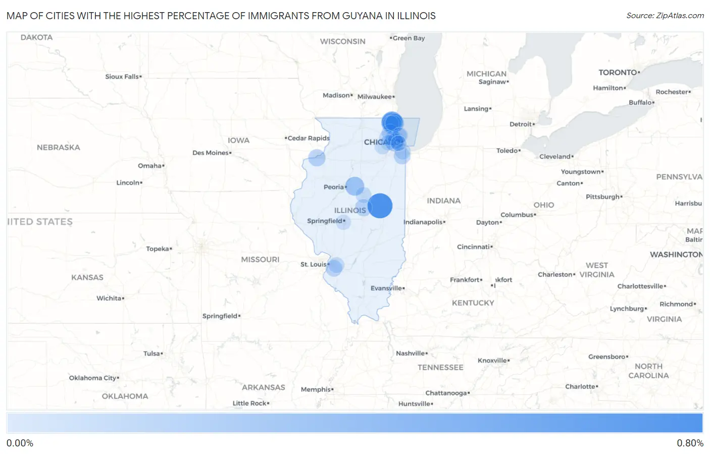Cities with the Highest Percentage of Immigrants from Guyana in Illinois Map