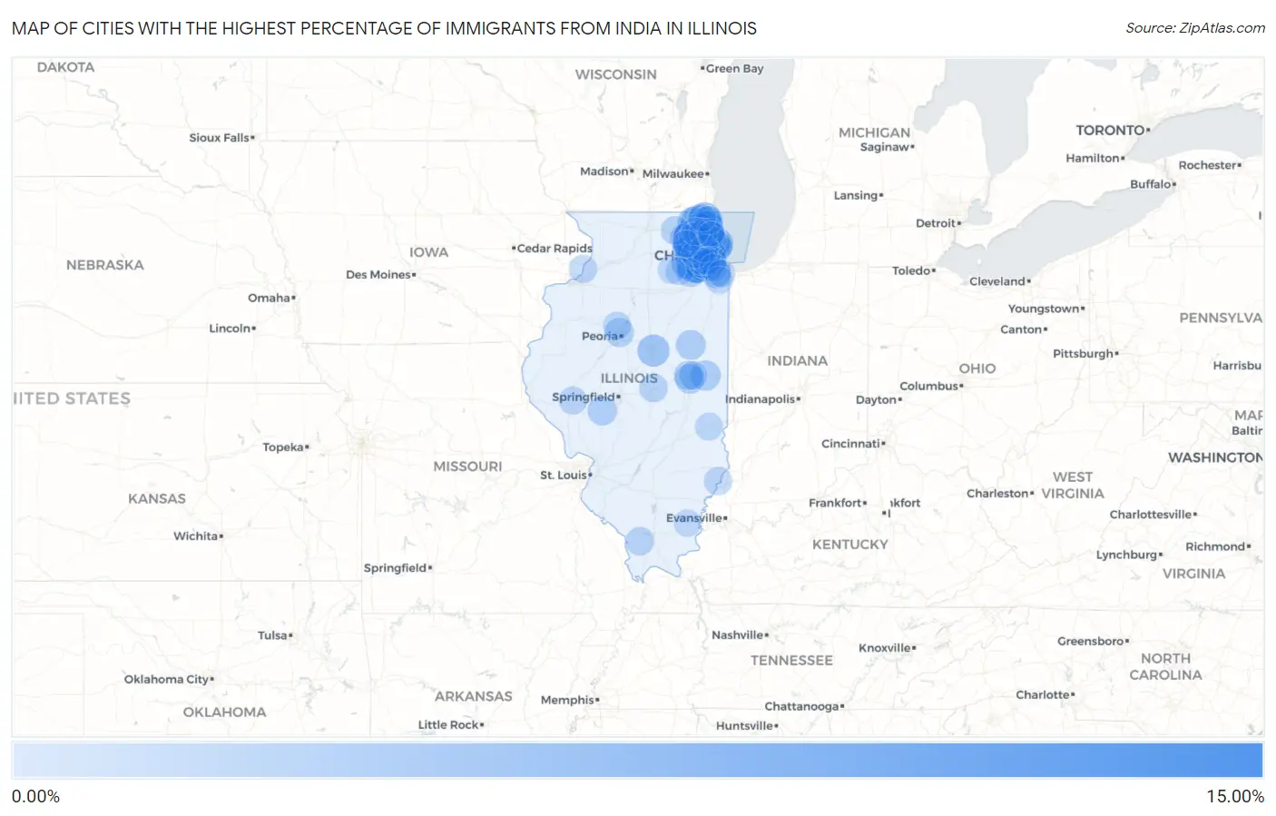 Cities with the Highest Percentage of Immigrants from India in Illinois Map