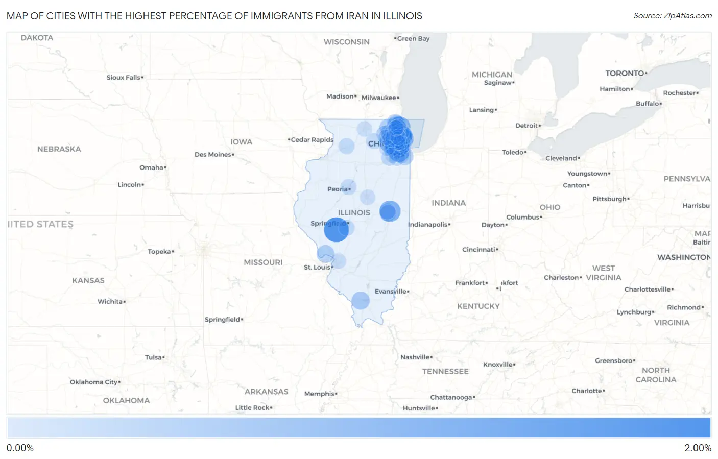 Cities with the Highest Percentage of Immigrants from Iran in Illinois Map