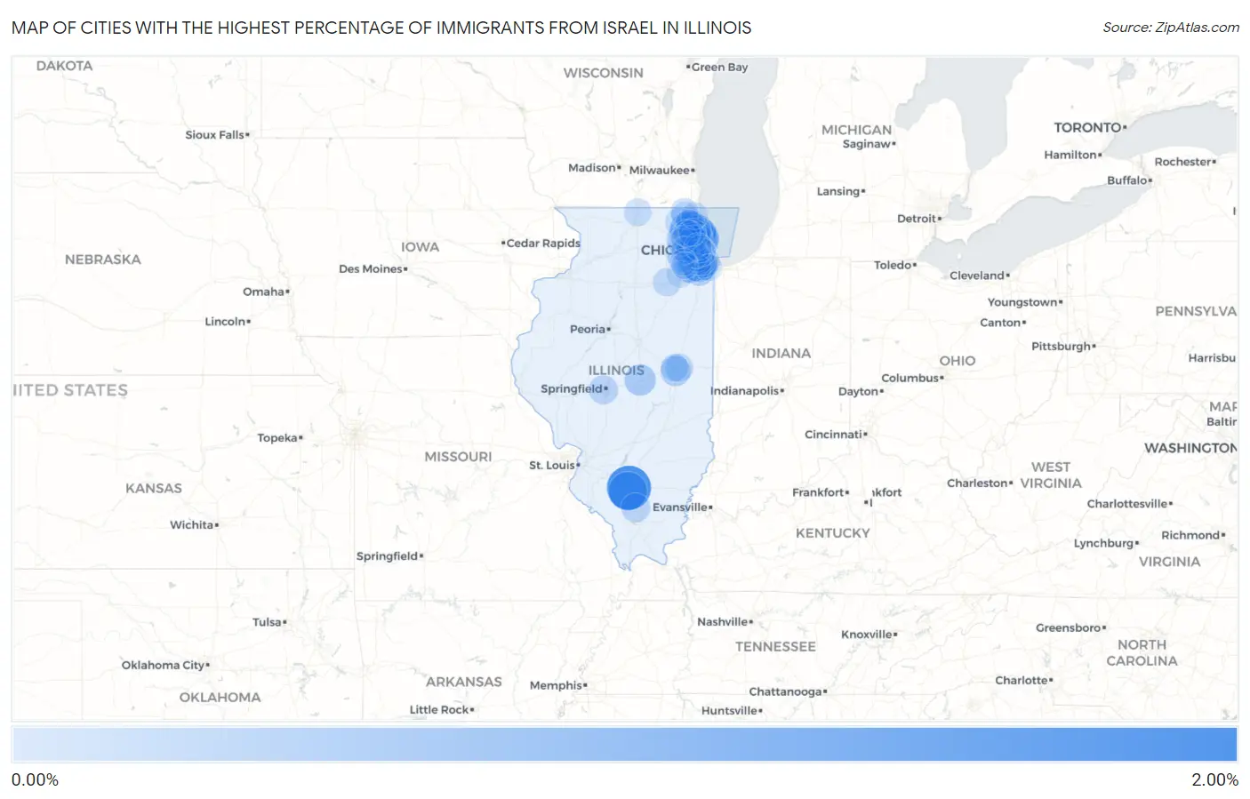 Cities with the Highest Percentage of Immigrants from Israel in Illinois Map