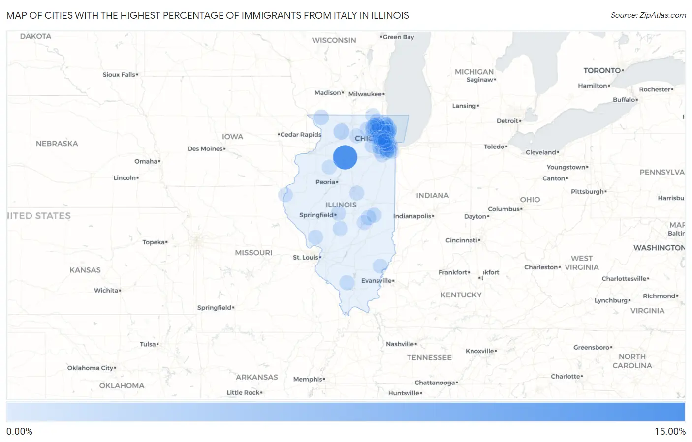 Cities with the Highest Percentage of Immigrants from Italy in Illinois Map