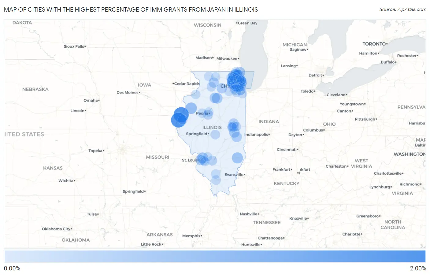 Cities with the Highest Percentage of Immigrants from Japan in Illinois Map
