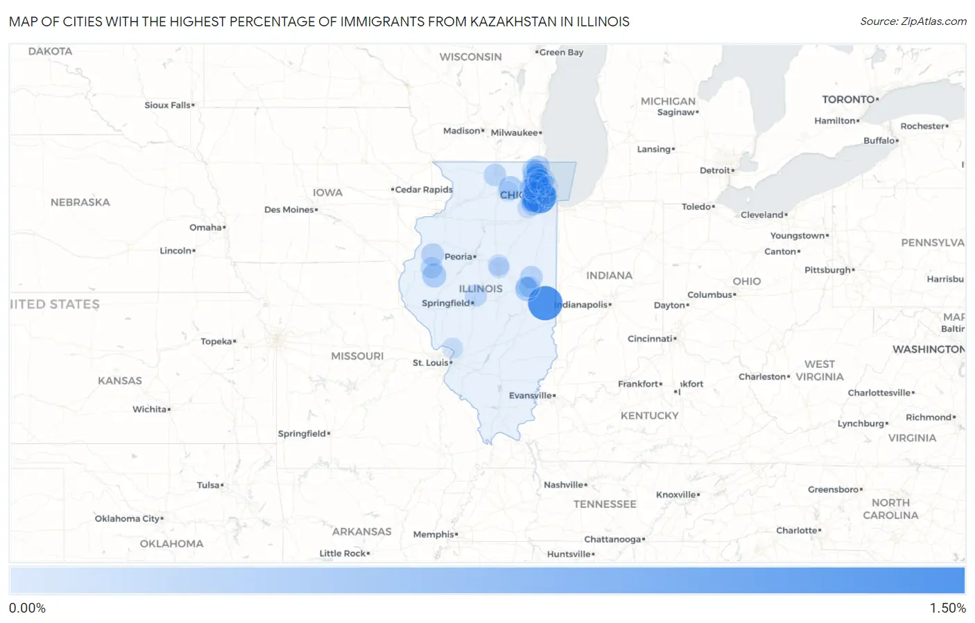 Cities with the Highest Percentage of Immigrants from Kazakhstan in Illinois Map