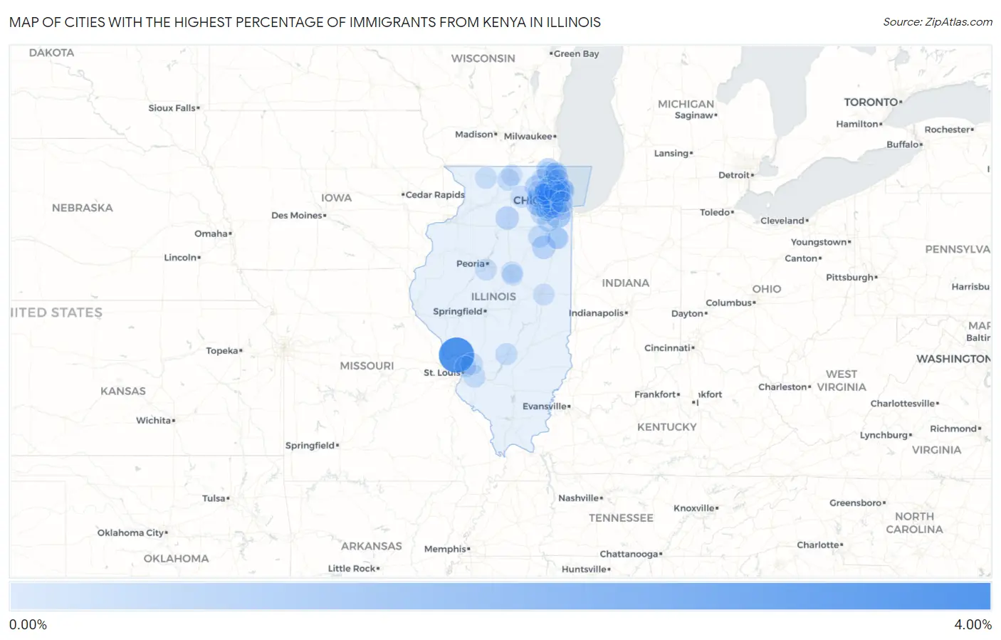 Cities with the Highest Percentage of Immigrants from Kenya in Illinois Map