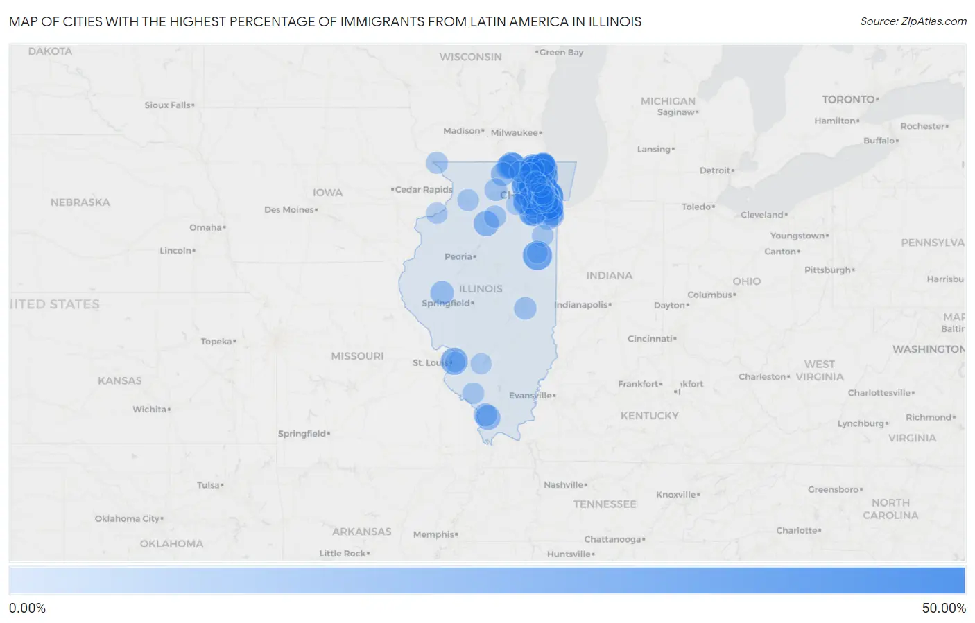 Cities with the Highest Percentage of Immigrants from Latin America in Illinois Map