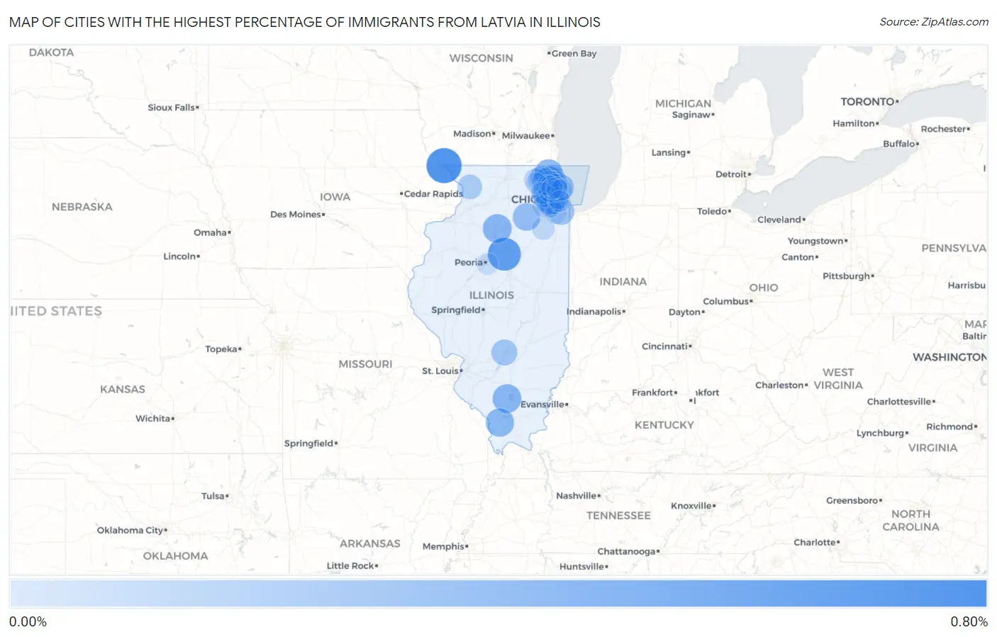 Cities with the Highest Percentage of Immigrants from Latvia in Illinois Map