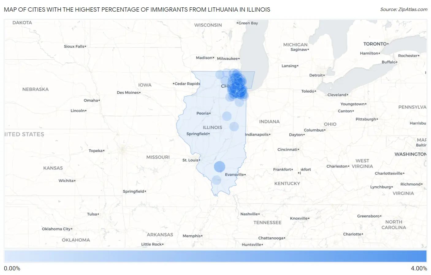 Cities with the Highest Percentage of Immigrants from Lithuania in Illinois Map