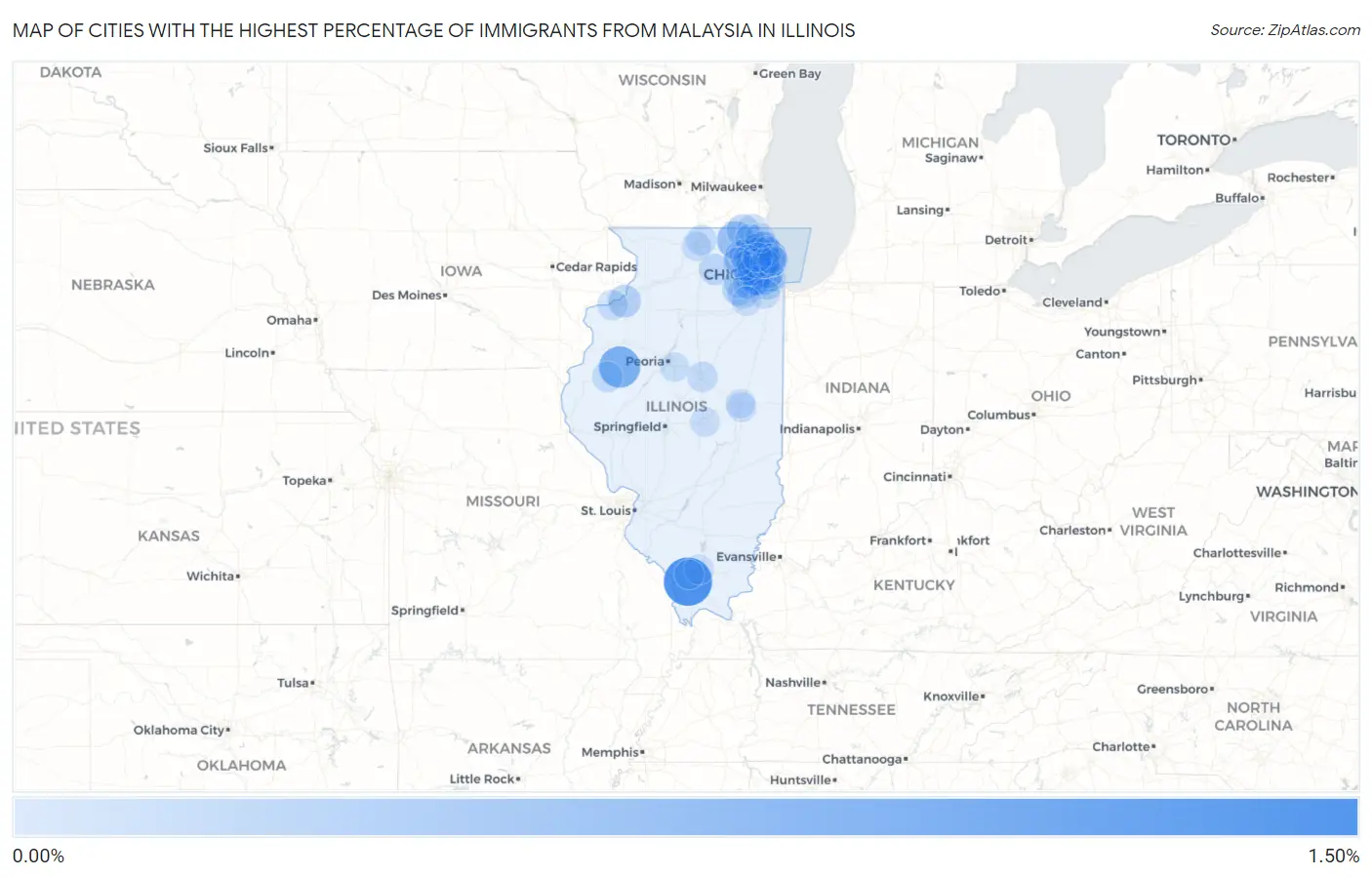 Cities with the Highest Percentage of Immigrants from Malaysia in Illinois Map