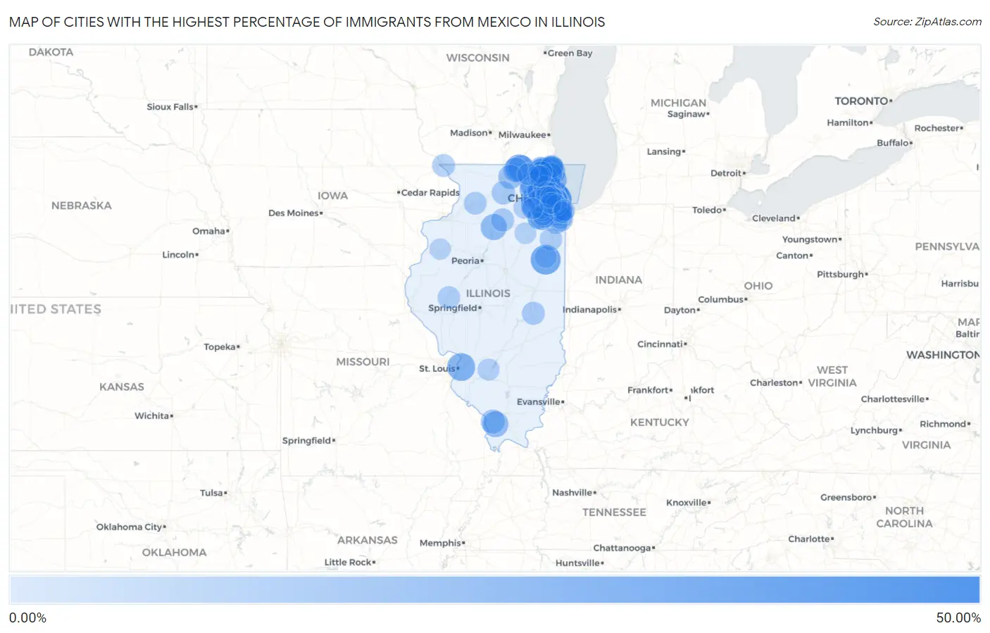 Cities with the Highest Percentage of Immigrants from Mexico in Illinois Map