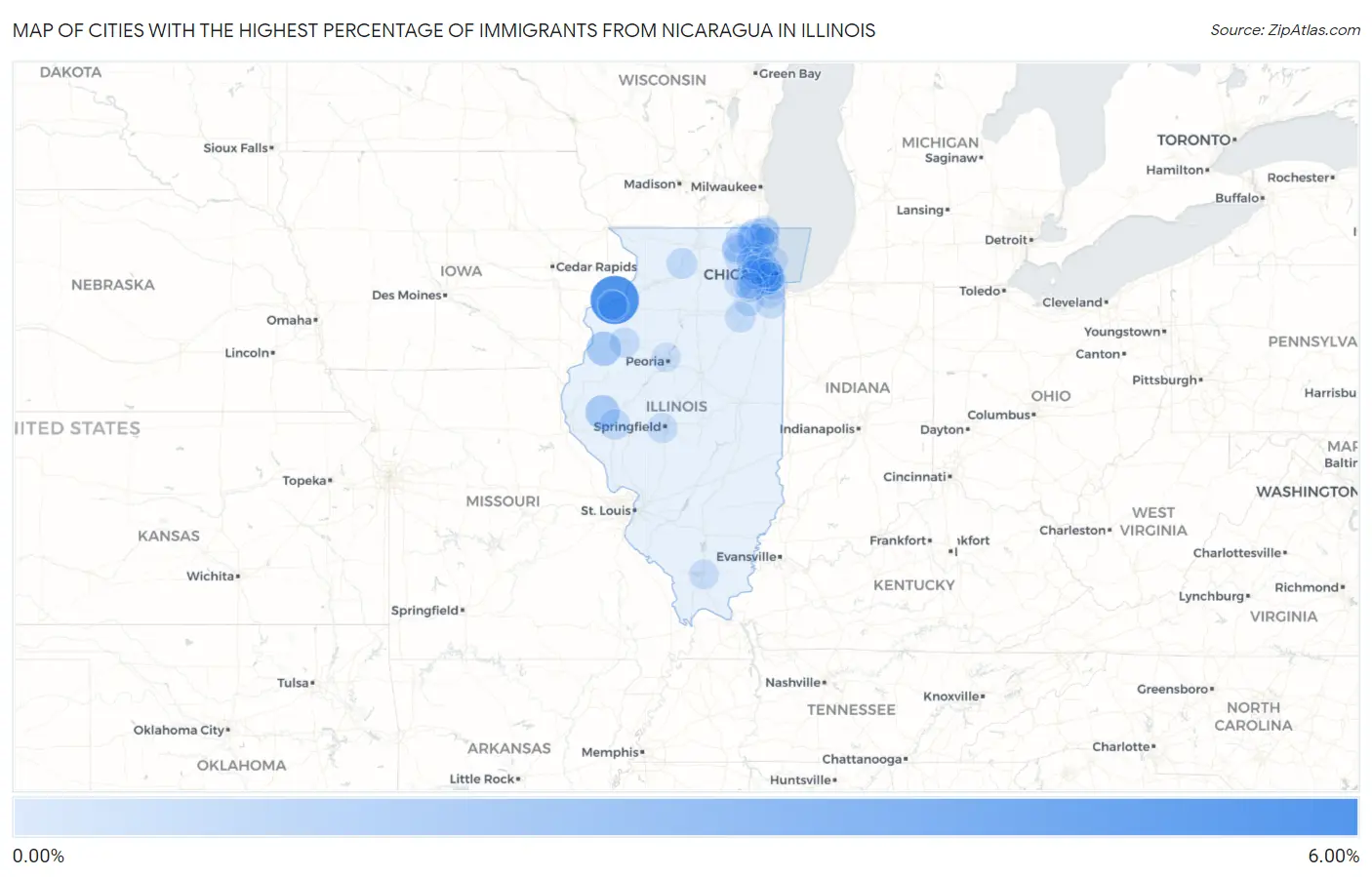 Cities with the Highest Percentage of Immigrants from Nicaragua in Illinois Map