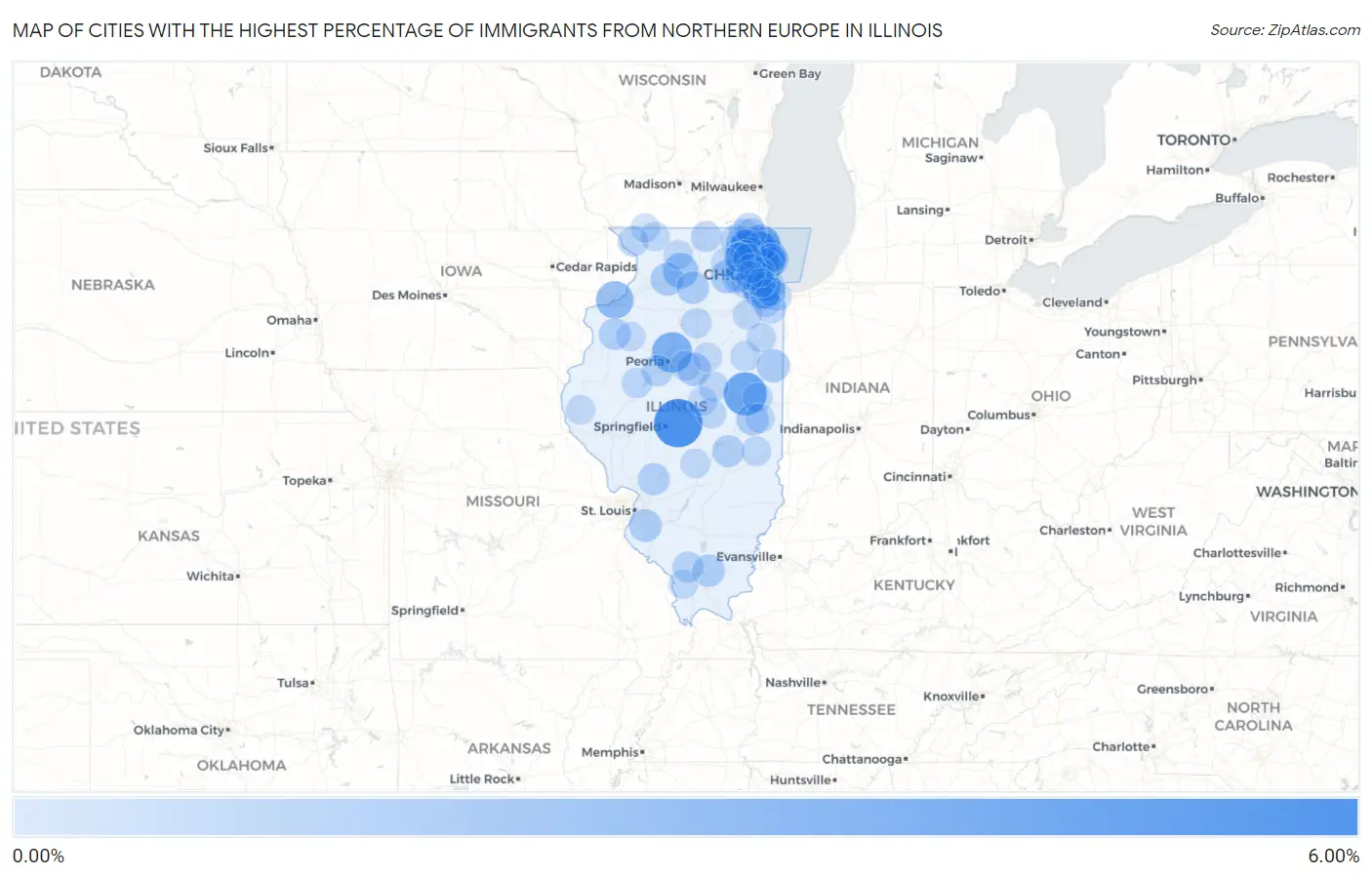 Cities with the Highest Percentage of Immigrants from Northern Europe in Illinois Map