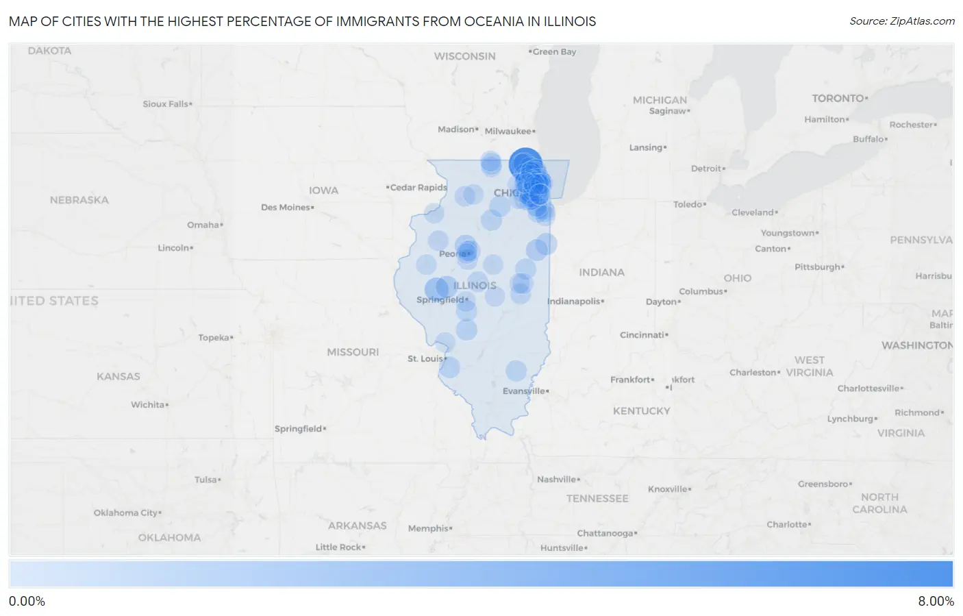 Cities with the Highest Percentage of Immigrants from Oceania in Illinois Map