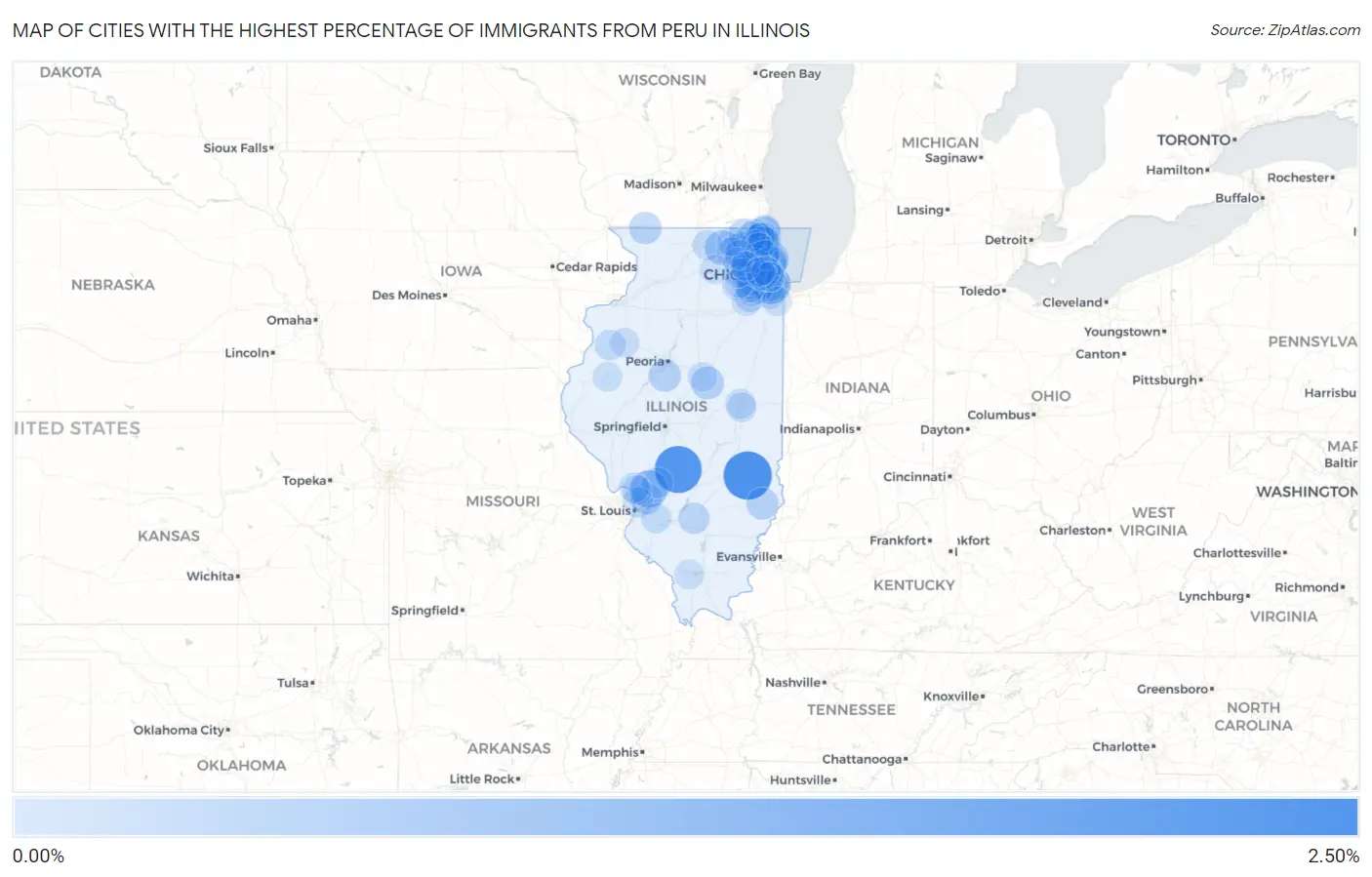 Cities with the Highest Percentage of Immigrants from Peru in Illinois Map