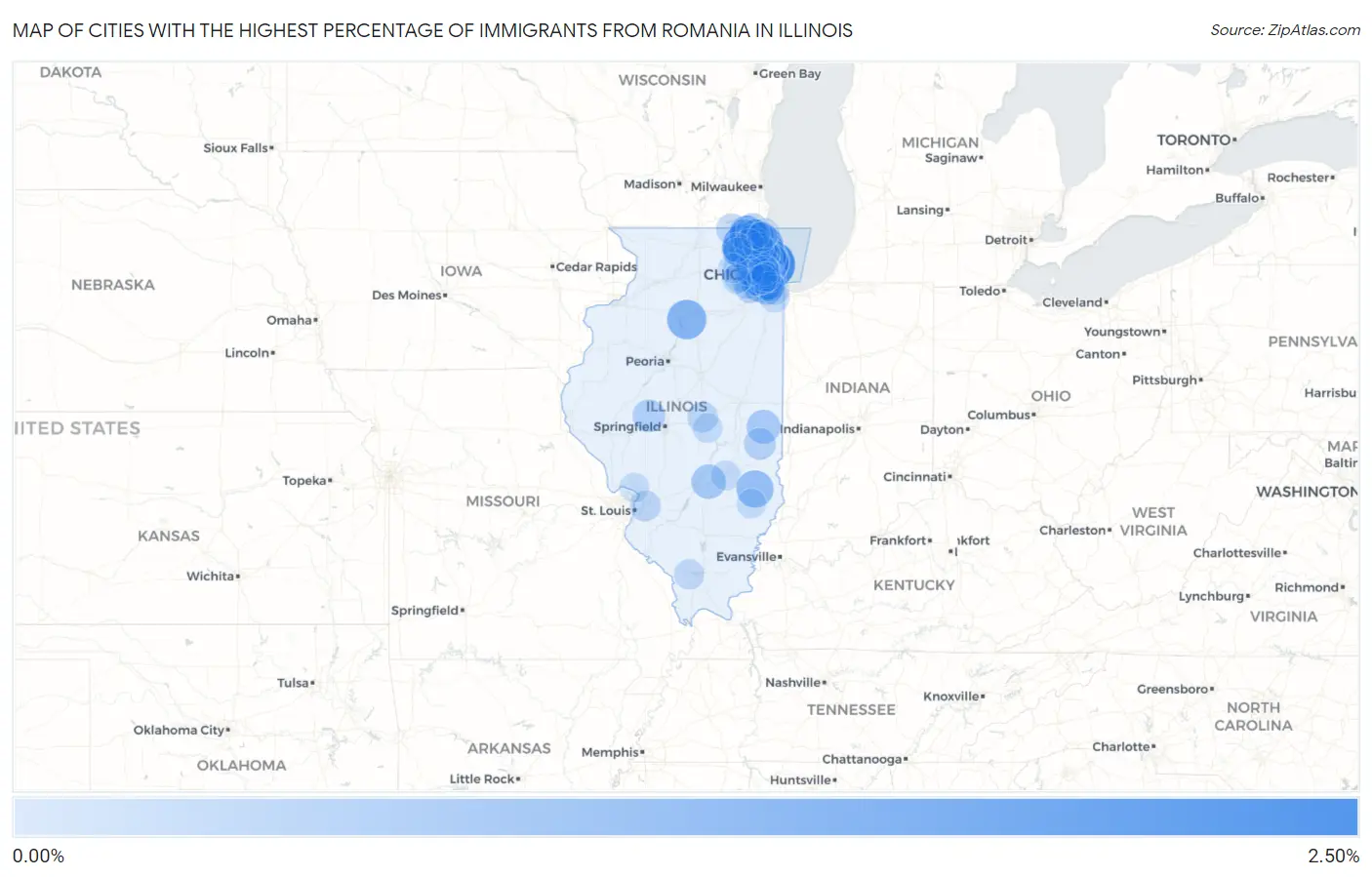 Cities with the Highest Percentage of Immigrants from Romania in Illinois Map