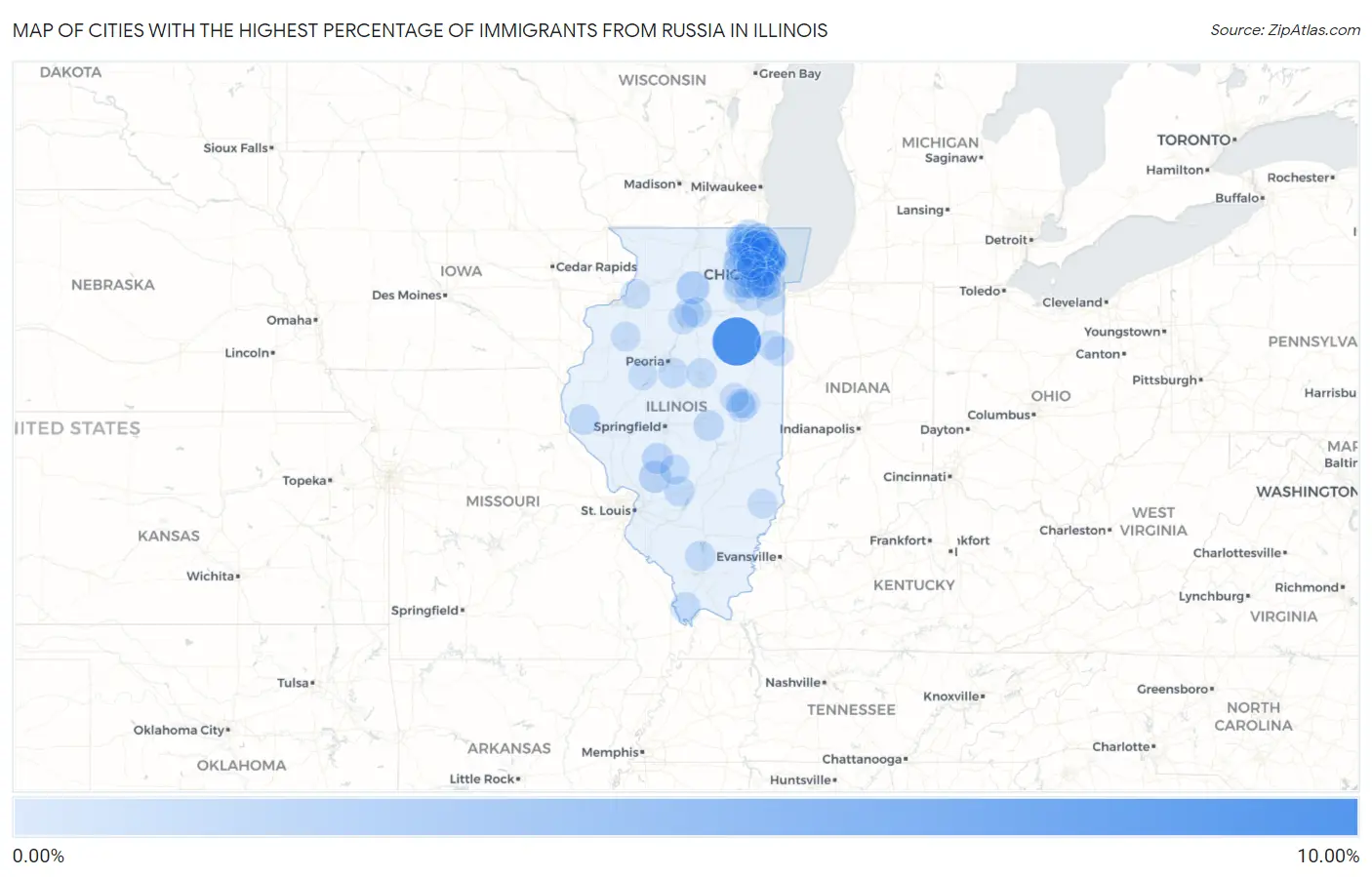 Cities with the Highest Percentage of Immigrants from Russia in Illinois Map